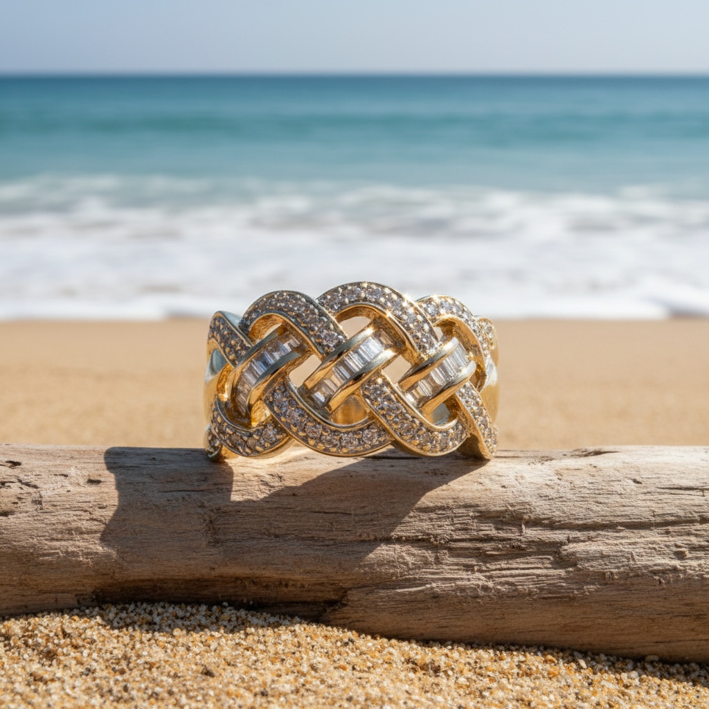 Unisex Copper Floral Pattern Ring with Synthetic Zirconia